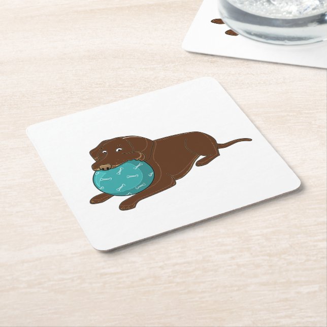 LR chocolate lab chewing ball cartoon Square Paper Coaster (Angled)