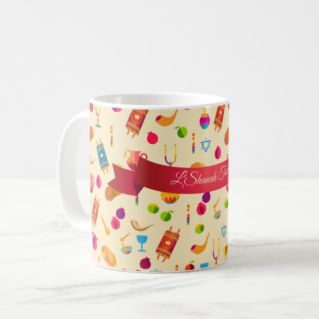 L'Shana Tova! Rosh Hashanah New Year Party Pattern Coffee Mug (Front Left)