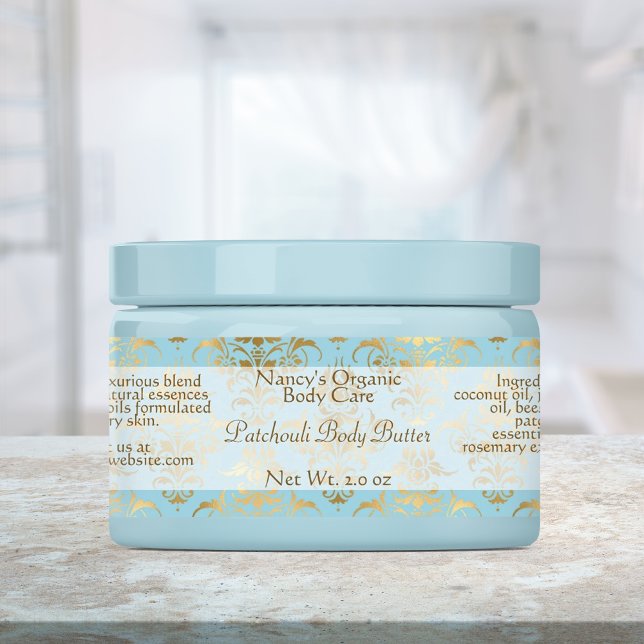 Lt blue and gold damask soap and cosmetics labels (Creator Uploaded)