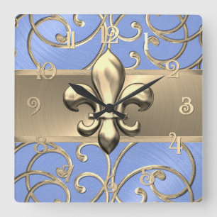 Lt Blue and Gold Filigree Swirls Fleur de Lis Square Wall Clock