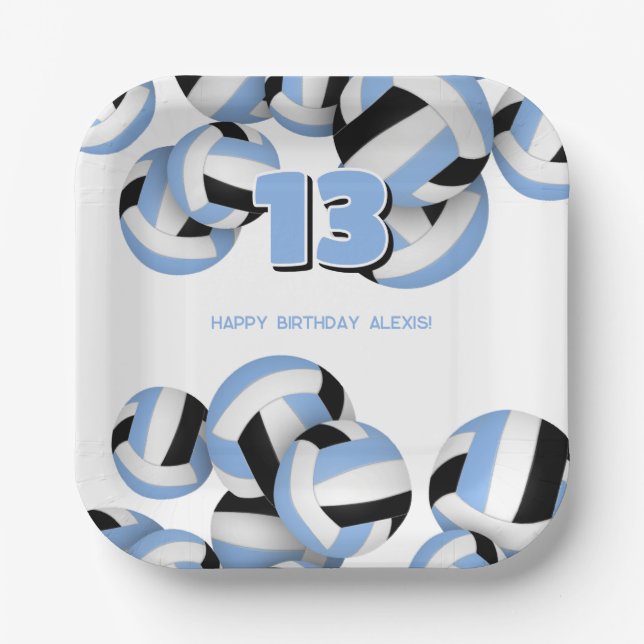 lt blue black volleyballs kids birthday party paper plate (Front)