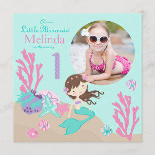 Lt. Brunette Mermaid First Birthday Invitation