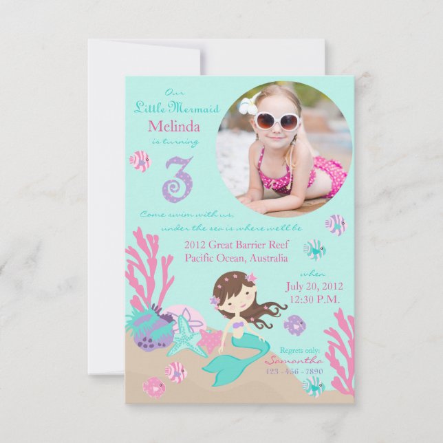 Lt Brunette Mermaid Invitation au troisième annive (Devant)
