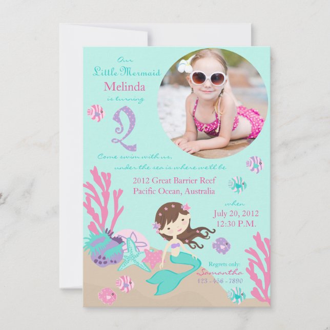 Lt. Brunette Mermaid Second Birthday Invitation (Front)