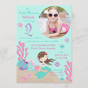 Lt. Brunette Mermaid Second Birthday Invitation