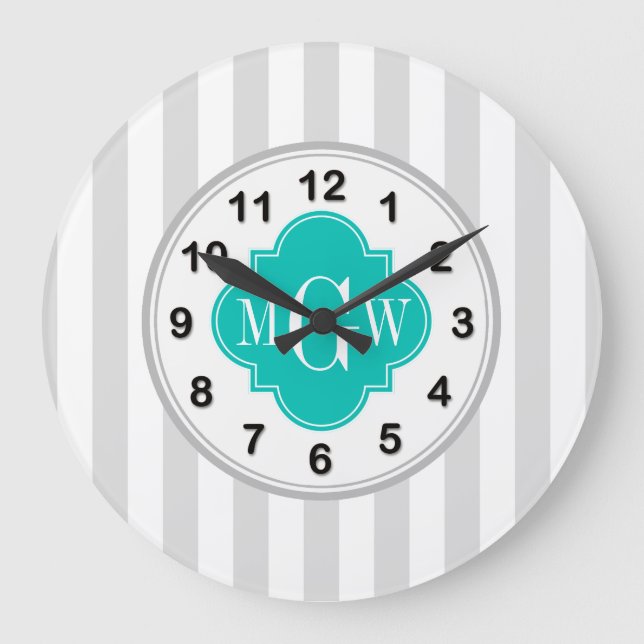 Lt Gray White Stripe Teal Quatrefoil 3 Monogram Large Clock (Front)