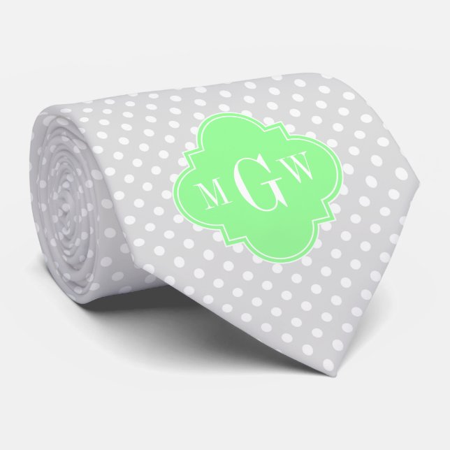 Lt Gray Wht Dots Mint Green Quatrefoil 3 Monogram Tie (Rolled)