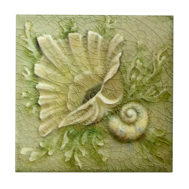 Lt Green Seashells AET Antique Repro Faux Relief Tile (Front)
