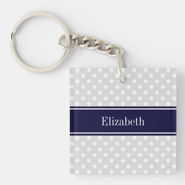 Lt Grey and White Polka Dots Navy Name Monogram Keychain (Front)