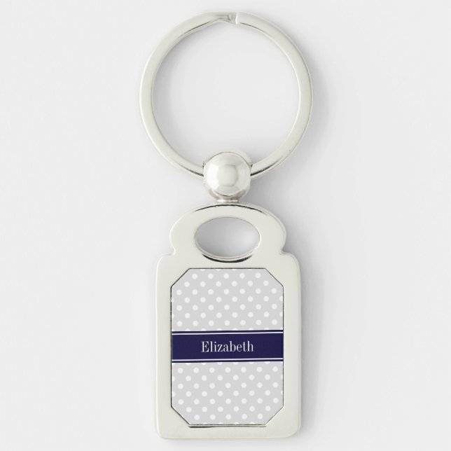 Lt Grey and White Polka Dots Navy Name Monogram Keychain (Front)
