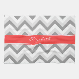 Lt Grey Med Grey White Chevron Coral Name Monogram Kitchen Towel