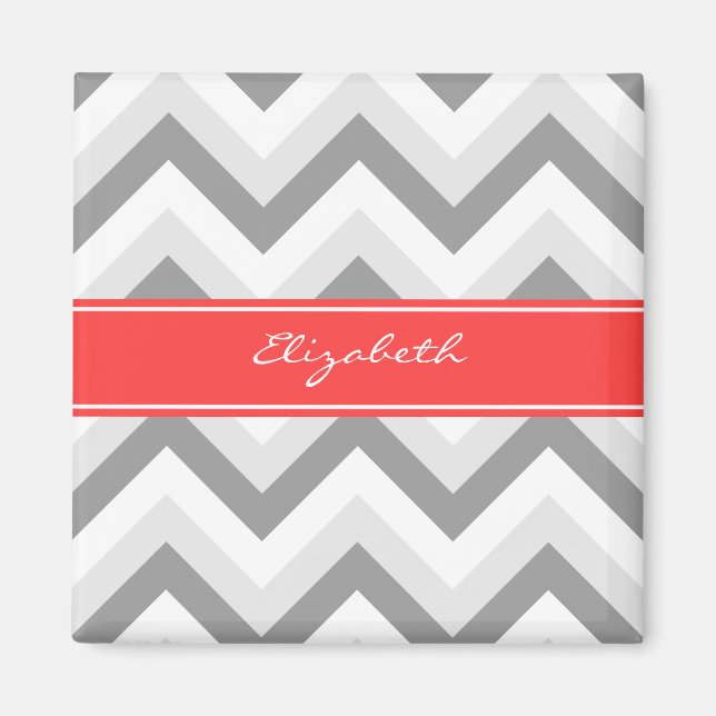 Lt Grey Med Grey White Chevron Coral Name Monogram Magnet (Front)
