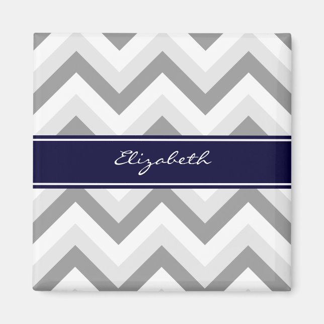 Lt Grey Med Grey White Chevron Navy Name Monogram Magnet (Front)