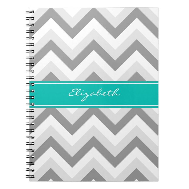 Lt Grey Med Grey White Chevron Teal Name Monogram Notebook (Front)
