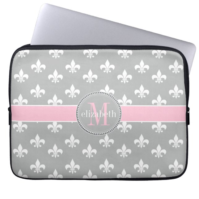 Lt Grey Pink White Fleur de Lis Monogram Laptop Sleeve (Front)