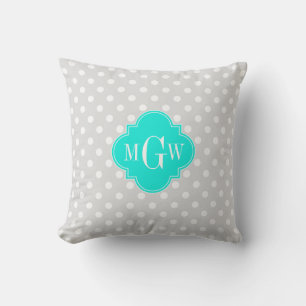 Lt Grey Polka Dots Brt Aqua Quatrefoil 3 Monogram Throw Pillow
