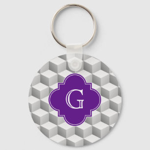 Lt Grey White 3D Look Cubes Purple Monogram Keychain