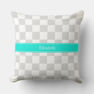 Lt Grey White Chequered Aqua Ribbon Monogram Throw Pillow