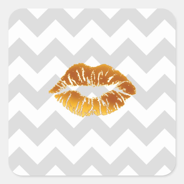 Lt Grey White Chevron, Gold Lipstick Kiss Square Sticker (Front)