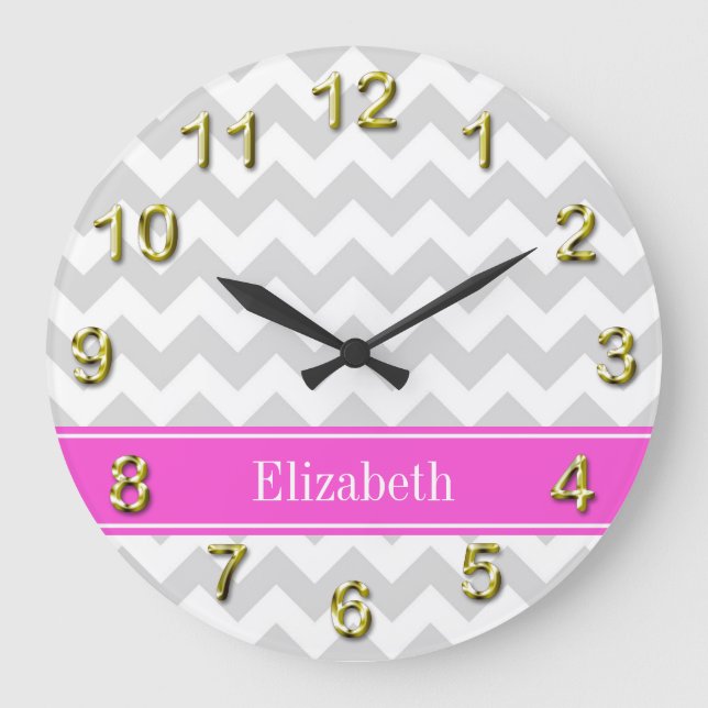 Lt Grey White Chevron Hot Pink Name Monogram Large Clock (Front)