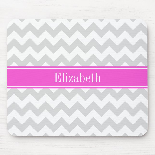 Lt Grey White Chevron Hot Pink Name Monogram Mouse Pad (Front)