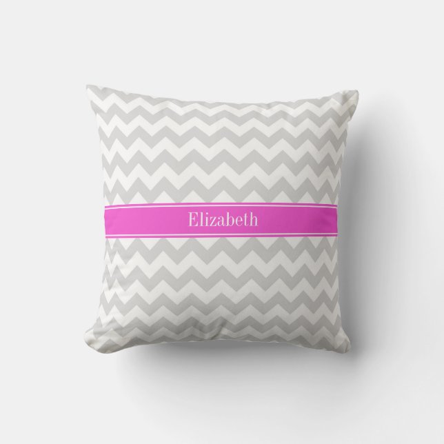 Lt Grey White Chevron Hot Pink Name Monogram Throw Pillow (Front)