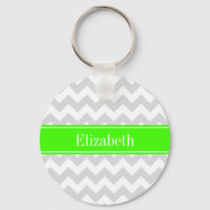 Lt Grey White Chevron Lime Green Name Monogram Keychain