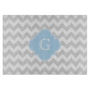 Lt Grey White Chevron Lt Blue Quatrefoil Monogram Cutting Board