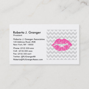 Lt Grey White Chevron, Pink Lipstick Kiss Business Card