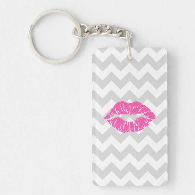 Lt Grey White Chevron, Pink Lipstick Kiss Keychain (Front)