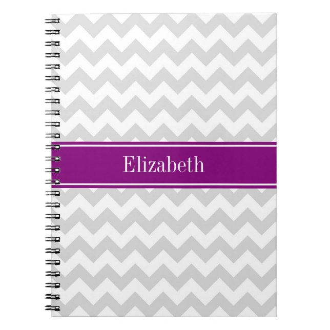 Lt Grey White Chevron Purple Name Monogram Notebook (Front)