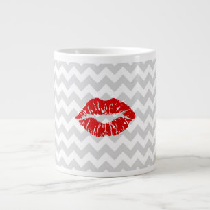 Lt Grey White Chevron, Red Lipstick Kiss Large Coffee Mug