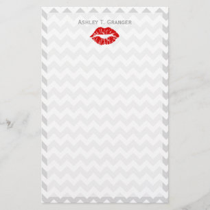 Lt Grey White Chevron, Red Lipstick Kiss Stationery