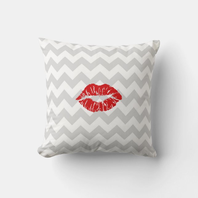 Lt Grey White Chevron, Red Lipstick Kiss Throw Pillow (Front)