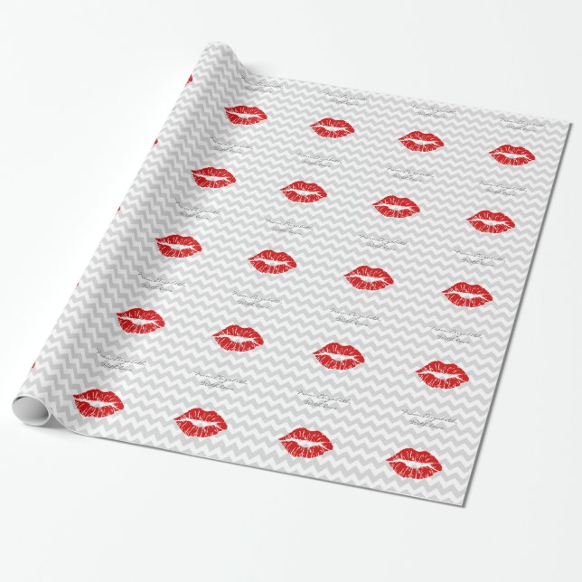 Lt Grey White Chevron, Red Lipstick Kiss Wrapping Paper (Unrolled)