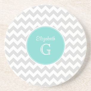 Lt Grey White Chevron Rnd Aqua Name Monogram Coaster