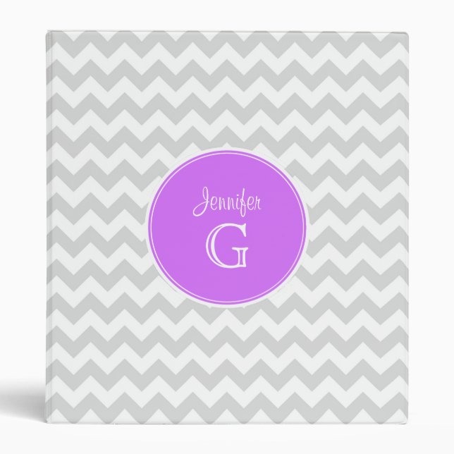 Lt Grey White Chevron Rnd Lilac Name Monogram Binder (Front)