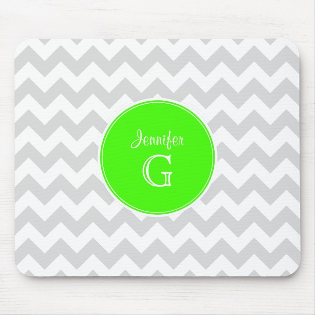 Lt Grey White Chevron Rnd Lime Green Name Monogram Mouse Pad (Front)