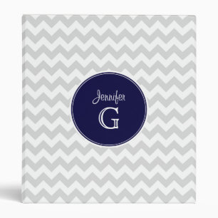 Lt Grey White Chevron Rnd Navy Blue Name Monogram Binder