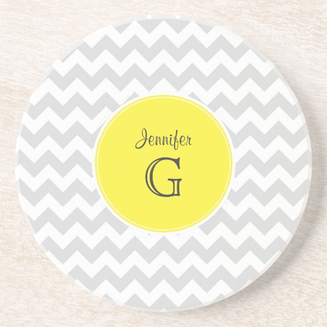 Lt Grey White Chevron Round Yellow Name Monogram B Coaster (Front)