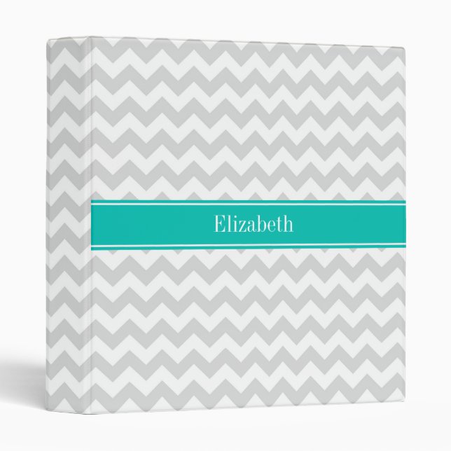 Lt Grey White Chevron Teal Name Monogram Binder (Front/Spine)