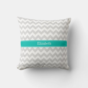 Lt Grey White Chevron Teal Name Monogram Throw Pillow