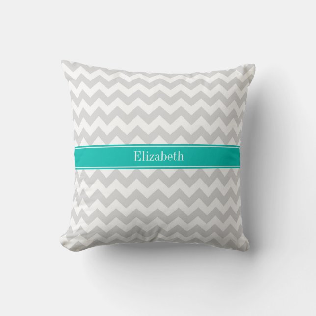 Lt Grey White Chevron Teal Name Monogram Throw Pillow (Front)