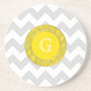 Lt Grey White Chevron Yellow Greek Key Monogram Coaster