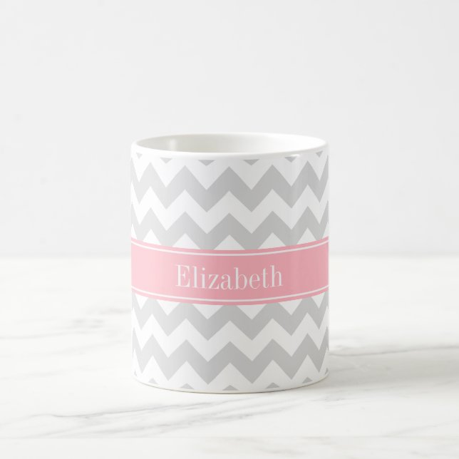 Lt Grey White Chevron Zigzag Pink Name Monogram Coffee Mug (Center)