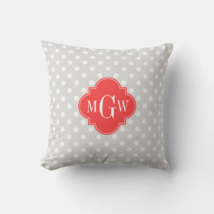 Lt Grey White Dots Coral Red Quatrefoil 3 Monogram Throw Pillow