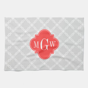 Lt Grey White Fancy Quatrefoil 3 Initial Monogram Kitchen Towel