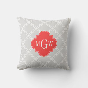 Lt Grey White Fancy Quatrefoil 3 Initial Monogram Throw Pillow