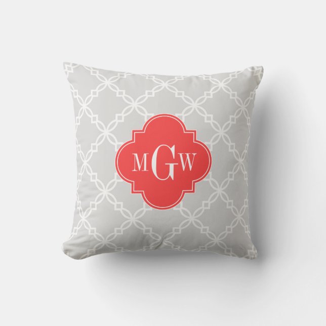 Lt Grey White Fancy Quatrefoil 3 Initial Monogram Throw Pillow (Front)