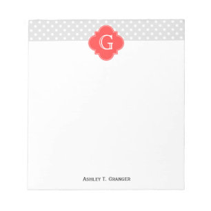 Lt Grey White Polka Dot Coral Quatrefoil Monogram Notepad